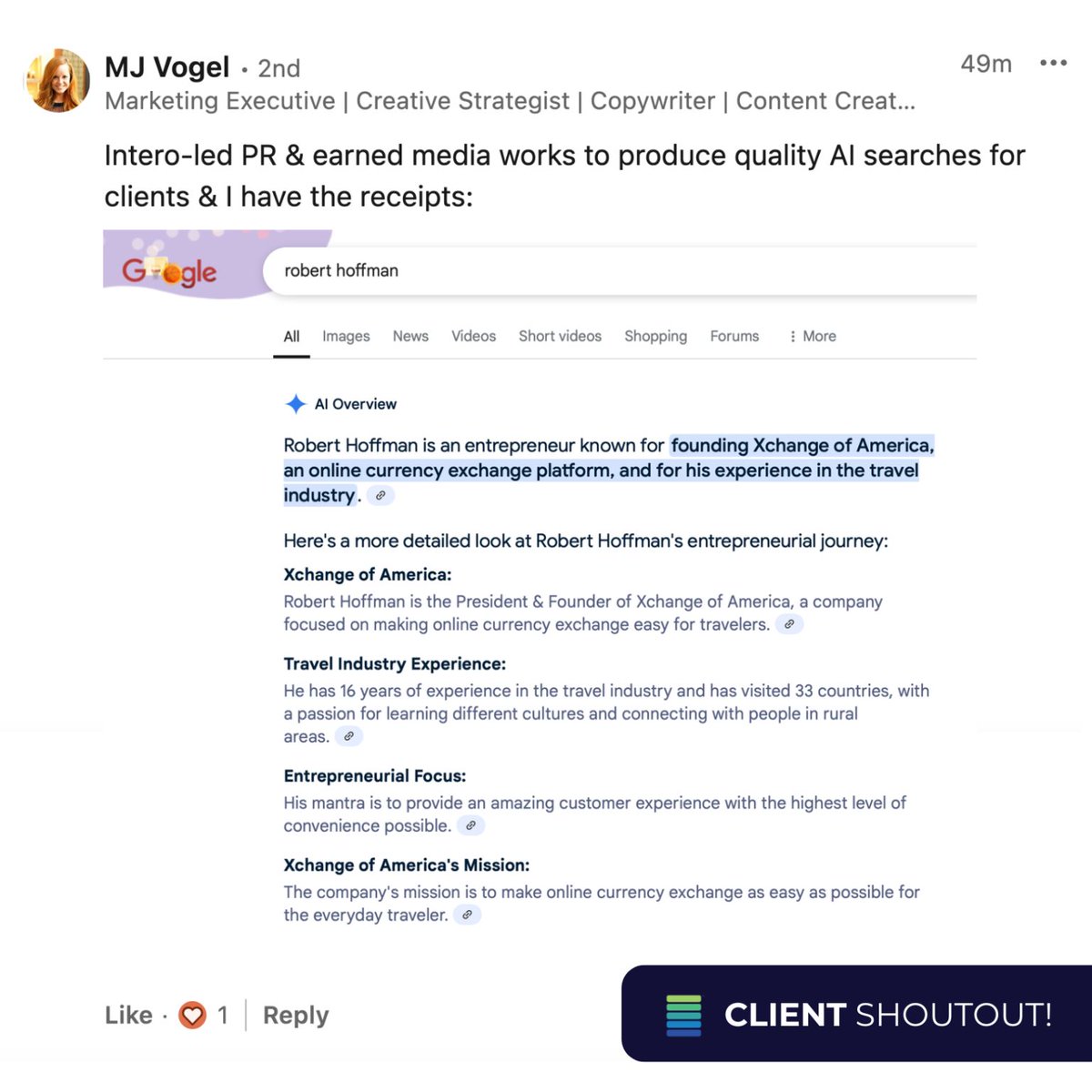 Xchange of America is seeing real results in Google’s #AIoverviews, and this is exactly what #GEO is all about: making sure #AI retrieves the right info about your brand at the right time.

It’s not luck. It’s the result of an expert strategy, solid content, and a focus on