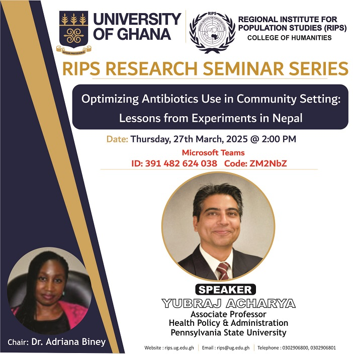 Invitation to RIPS Research Seminar Series

Presenter: Prof. Yubraj Acharya, Pennsylvania State University, USA
 
Chair: Adriana A. E. Biney (PhD), RIPS

Online: Microsoft Teams meeting

Join with this link: shorturl.at/WG5Pm
Meeting ID: 391 482 624 038
Passcode: ZM2NbZ