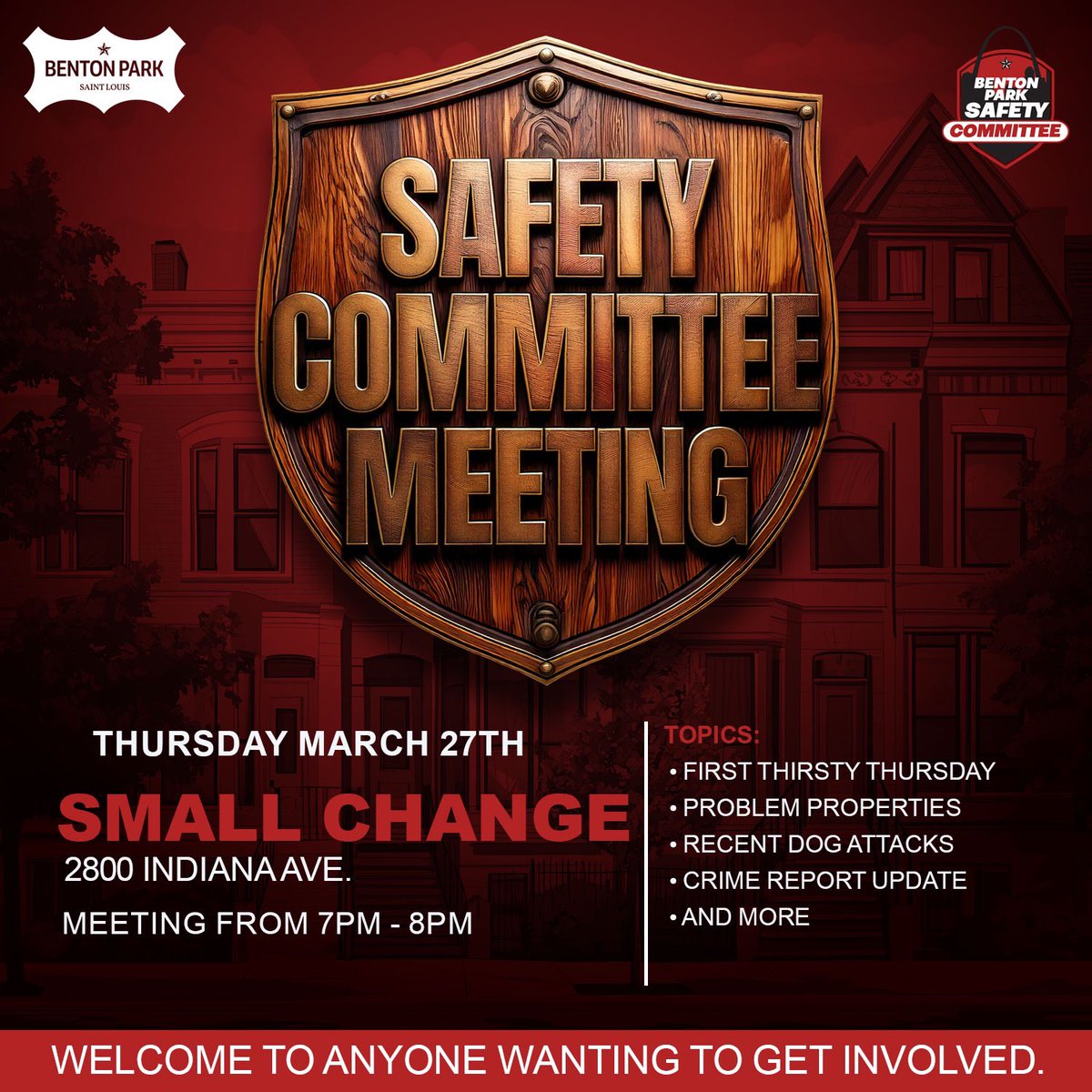 🚨 Join Us for the Benton Park Safety Committee Meeting! 🚨
📅 Thursday, March 27th
📍 Small Change (grab a drink &amp; join the convo!)
🕕 6:00 PM

This is a casual, open discussion—whether you’re a longtime resident or new to the neighborhood, we’d love to hear your thoughts.