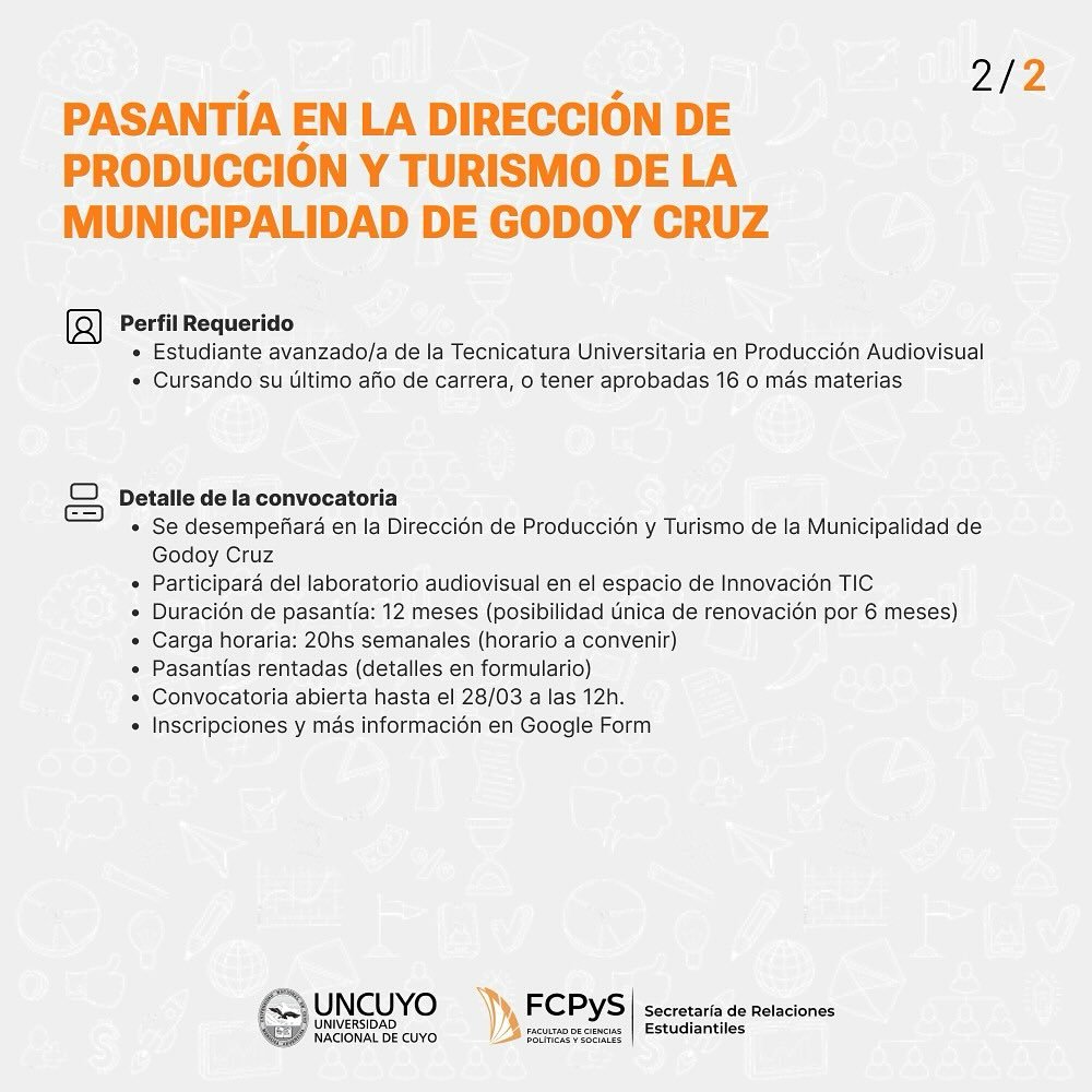 🎥 Se convoca a estudiante avanzado/a de la Tec. Universitaria en Producción Audiovisual para realizar pasantía en la Dirección de Producción y Turismo de la Municipalidad de Godoy Cruz.
🖇️ La convocatoria se encuentra abierta hasta el 28/03 a las 12h forms.gle/uZQrGEzGtfmSSP…