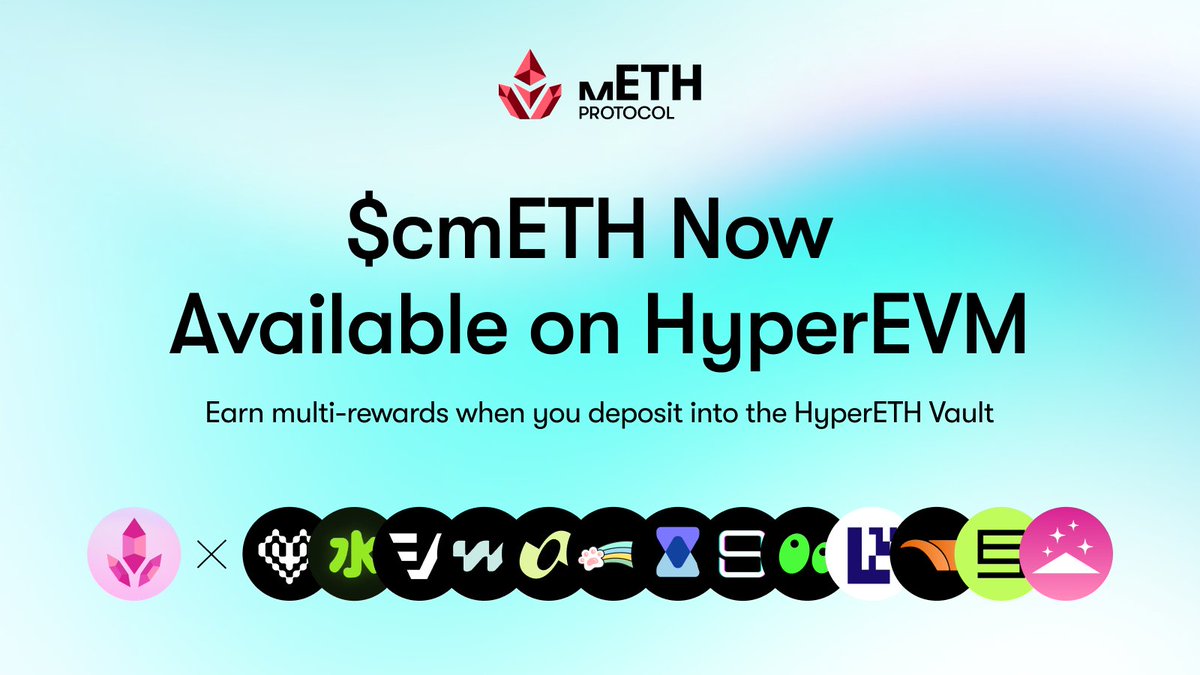 mETHProtocol's tweet image. mETH Protocol officially expands to HyperEVM.

Deposit your $cmETH into the HyperETH Vault by @mizulabs and @0xHyperBeat to gain exposure to multi-protocol rewards within the ecosystem.

Learn more 👇