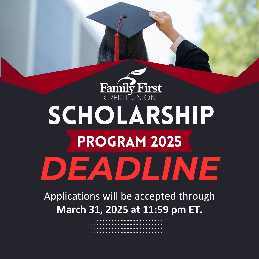 🚨Deadline fast approaching!🚨 
We are awarding $10,000 worth of Scholarships to 4 lucky and hard-working students each school year. The Family First Scholarship Program is open to all high school students within our field of membership. #Since1930