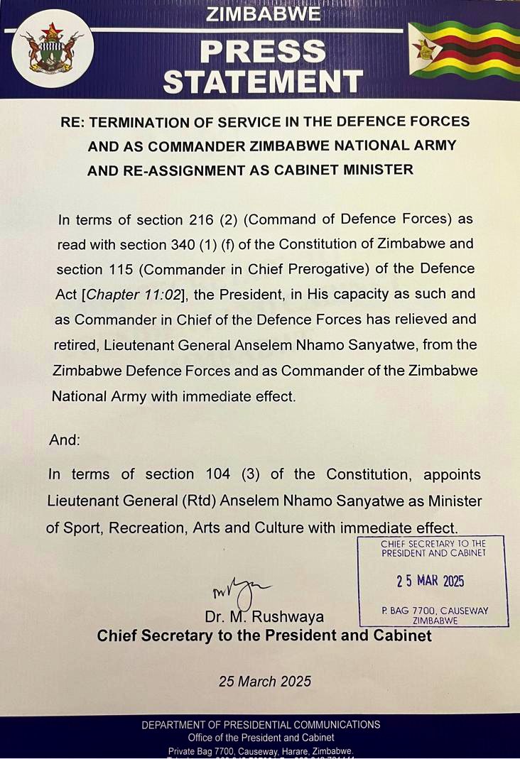 Presidential Communications Zimbabwe 🇿🇼 (@deptcommszw) on Twitter photo H.E. President <a href="/edmnangagwa/">President of Zimbabwe</a> relieves Hon Kirsty Coventry from her position as Minister of Sport, Recreation, Arts and Culture following her well deserved election as the President of the International Olympic Committee.
The President has also retired Lieutenant General H.E. President <a href="/edmnangagwa/">President of Zimbabwe</a> relieves Hon Kirsty Coventry from her position as Minister of Sport, Recreation, Arts and Culture following her well deserved election as the President of the International Olympic Committee.
The President has also retired Lieutenant General