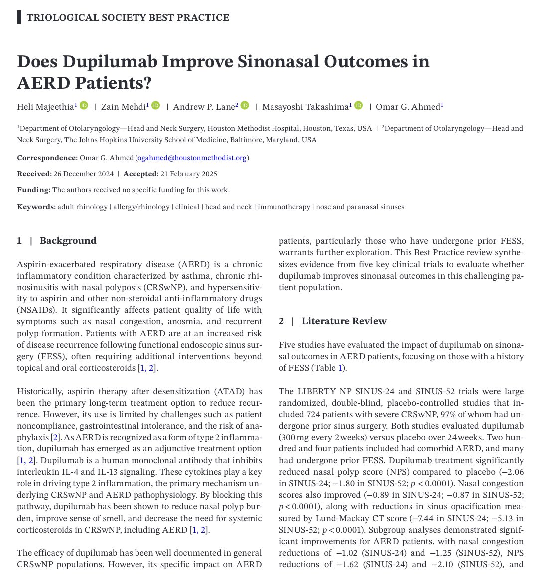 otohns's tweet image. Triological Society best practices article looking at the positive benefits of Dupilumab on sinonasal symptoms in AERD patients post FESS. Thanks to Dr. Andrew Lane (Johns Hopkins OTO) for collaborating with us on this important subject.

onlinelibrary.wiley.com/doi/epdf/10.10…