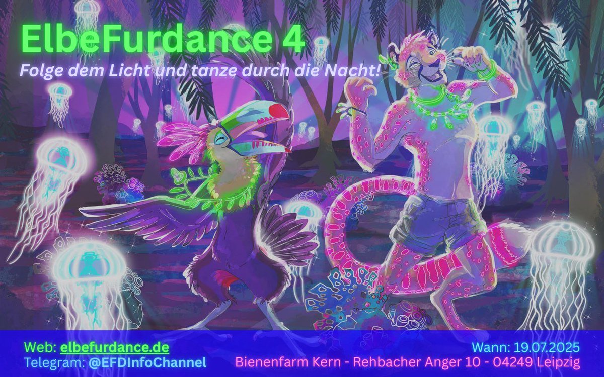 Tauche ein in eine Nacht voller Magie, Farben und leuchtender Geheimnisse!
Am 19.07.2025 erwartet dich der ElbeFurDance 4.

🌐Webseite: elbefurdance.de
📷Telegram: @EFDInfoChannel