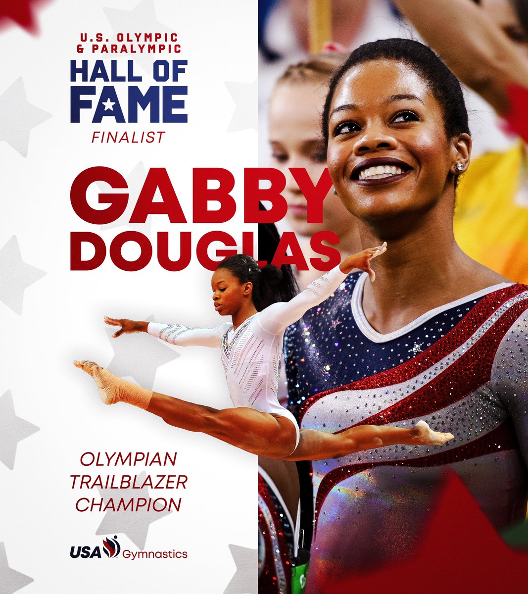 USAGym's tweet image. Gabby Douglas has been named a Finalist for the @TeamUSA Hall of Fame!

Fans can cast their votes until April 14 to help determine which finalists are inducted into the Class of 2025!

Vote Now! ➡️ teamusa.com/hall-of-fame