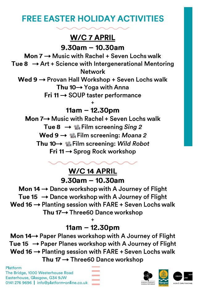 St Andrew's Secondary School (@standrewsrcsec) on Twitter photo Over the Easter break, weekdays, from Monday 7 - Thursday 17 April – there is free food & activities for children/families at <a href="/PlatformGlasgow/">Platform Glasgow</a> Activities include movies, art, dance & craft workshops, music sessions, yoga, nature walks & more! No pre-booking required! Over the Easter break, weekdays, from Monday 7 - Thursday 17 April – there is free food & activities for children/families at <a href="/PlatformGlasgow/">Platform Glasgow</a> Activities include movies, art, dance & craft workshops, music sessions, yoga, nature walks & more! No pre-booking required!