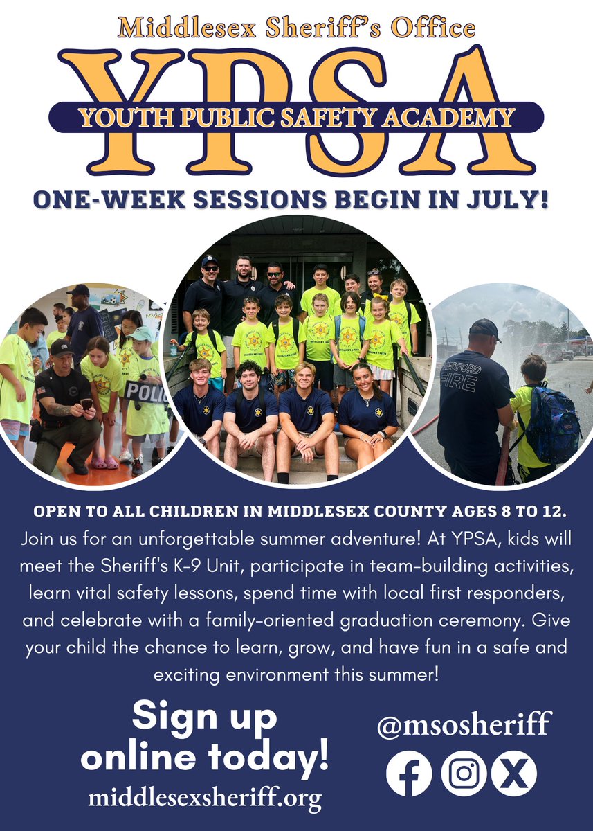 During the week of July 14th, Lexington will take part in the Youth Public Safety Academy in collaboration with the <a href="/msosheriff/">Middlesex Sheriff</a>. To secure your spot, please click the link below, as spaces are limited.
middlesexsheriff.org/.../Youth-Publ…
<a href="/TownOfLexMA/">Town of Lexington, MA</a>
