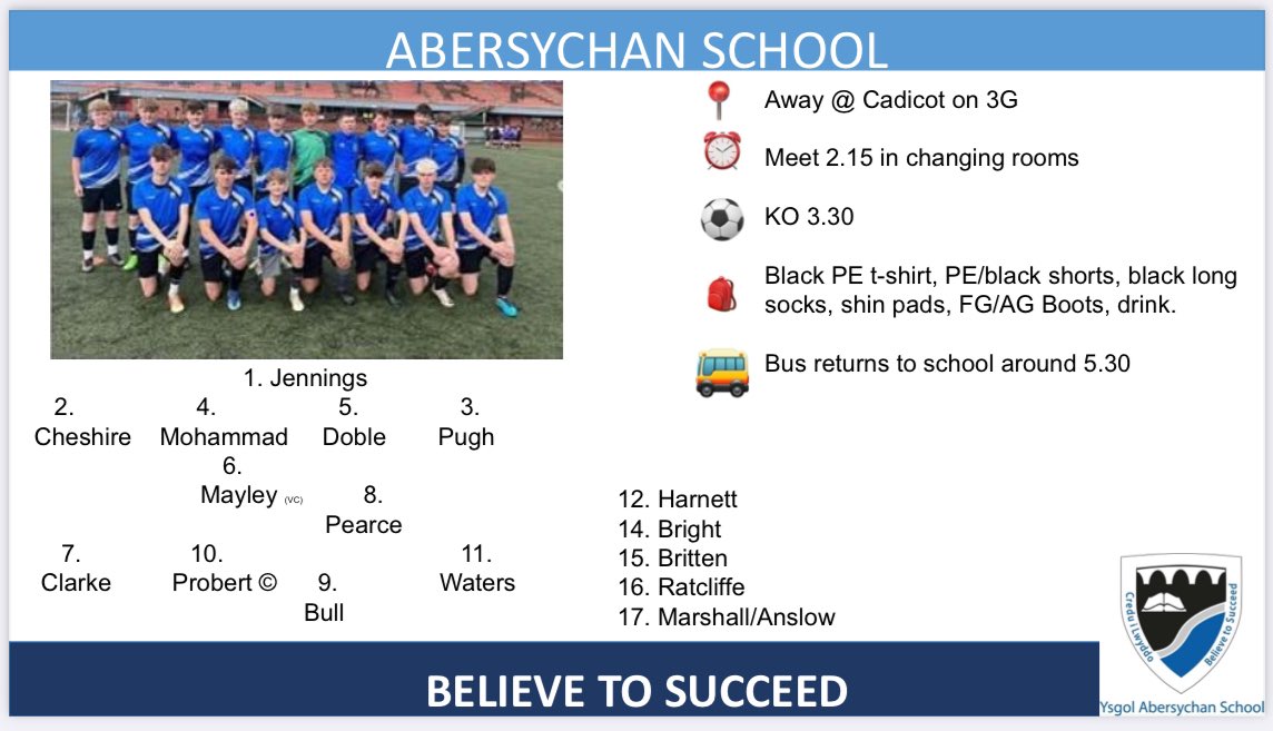 Year 11 Newport Schools Cup Semi-Final squad and details for tomorrow #abersport