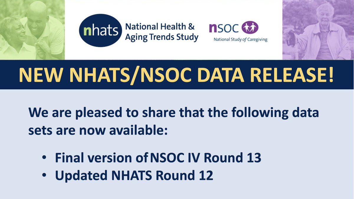 We are pleased to share that the following data sets are available:

➡️Final versions of the National Study of Caregiving (NSOC) IV Round 13

➡️Additionally, updated NHATS Round 12 files have been released. 

We recommend users working with Round 12 download the reissued files