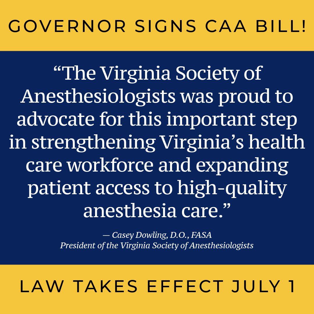🚨 Big win for patients and Virginia’s health care workforce! Gov. Youngkin signs SB 882, authorizing licensure for Certified Anesthesiologist Assistants. Virginia joins 20+ states empowering physician-led care teams — improving access, quality and patient care. @asalifeline