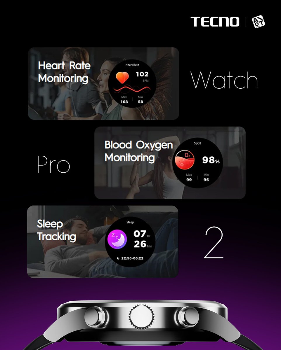 tecnoaccsGh's tweet photo. Stay on top of your health with the TECNO Watch Pro 2 ⌚✨
Track your Heart Rate, monitor your Blood Oxygen (SpO2) levels, and improve your rest with Sleep Tracking – all in one smart device!

Your wellness, your way.
#TECNOACCESSORIES
#TECNOAiOT
#TECNOWatchPro2
#SmartHealth https://t.co/zm6ZrepmyG
