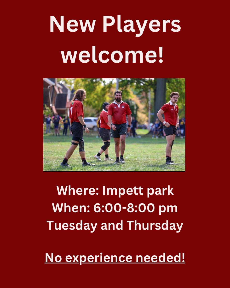 Are you looking for a new way to get some exercise? Come on out to Impett Park TONIGHT and Thursday this week to learn the sport of rugby. No experience necessary!