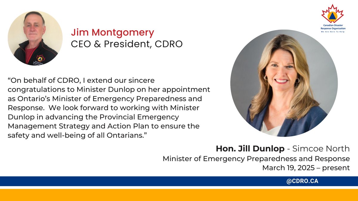 Canadian Disaster Response Organization (CDRO) (@cdrorganization) on Twitter photo ๐ข Announcement: CDRO congratulates MPP <a href="/JillDunlop1/">Jill Dunlop</a> on her appointment as Ontarioโs Minister of Emergency Preparedness and Response @OntarioWarnings ๐จ
#TeamCDRO #EmergencyManagement #Preparedness ๐ข Announcement: CDRO congratulates MPP <a href="/JillDunlop1/">Jill Dunlop</a> on her appointment as Ontarioโs Minister of Emergency Preparedness and Response @OntarioWarnings ๐จ
#TeamCDRO #EmergencyManagement #Preparedness