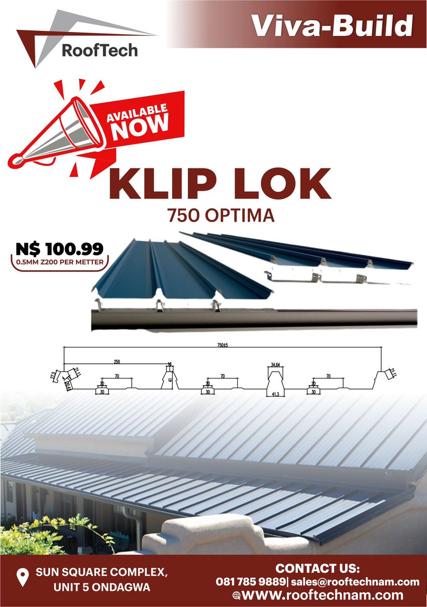 🎉🥳 EXCITING NEWS ‼️

We're excited to announce that we officially commenced the manufacturing of KLIP-LOK Roofing.

🌟 Cover Width: 750mm  
🌟 Preprinted Colors: White &amp; Grey  
🌟 Thickness: 0.5mm  
🌟 Coating: Z150

Visit our factory in Ondangwa or contact us for a quote.