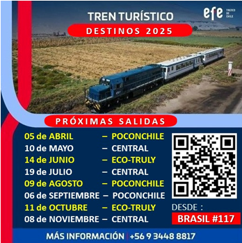¡No te quedes abajo de nuestros trenes turísticos 🚄! Con salidas a Poconchile, Central y Eco-Truly, vivirás una experiencia inolvidable a bordo de un equipo patrimonial que recorre paisajes espectaculares 👏😍.

Conoce más información aquí 👉 efe.cl/nuestros-servi…