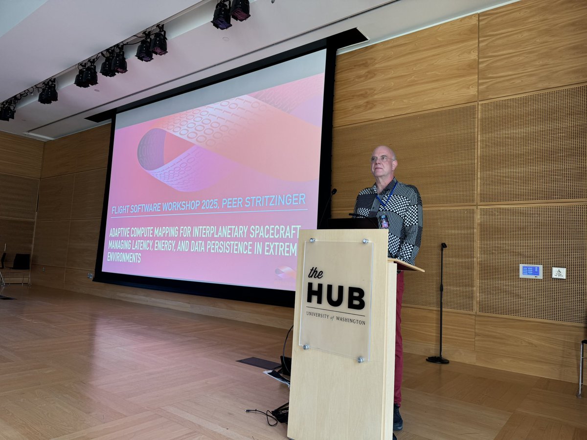 FSWWorkshop's tweet photo. Peer Stritzinger (@peerstr) from Peer Strintzsinger GmbH and the demo of “Adaptive Compute Mapping for Interplanetary Spacecraft: Managing Latency, Energy, and Data Persistence in Extreme Environments” at the 2025 Flight Software Workshop! https://t.co/nLdY1HSOBd