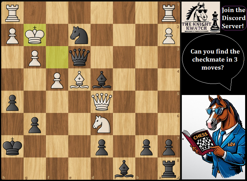 TheKnightKwatch's tweet photo. Mate in 3 3⃣🔥! Black to play, can you spot it? #chess #chessmasters #chessnews #chesstactics #tactics #chessable #chessbase @GothamChess @GMHikaru #puzzles #chesspuzles @GmNaroditsky #Science #math #physics https://t.co/lXzGLDzrLq