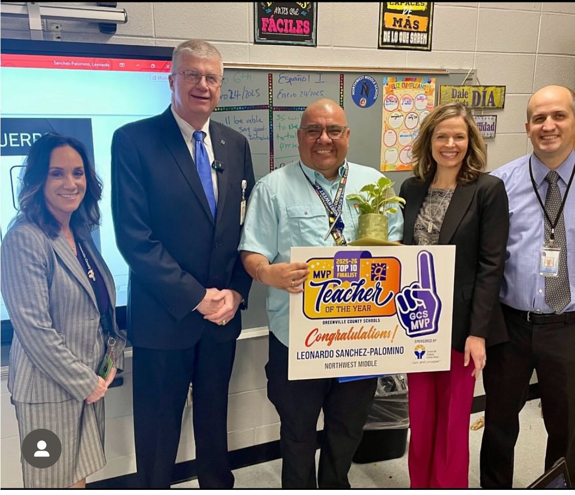 Congratulations to Vivian Welkner, Spanish ELA immersion teacher at Hughes Academy and Leonardo Sanchez-Palomino Spanish teacher at Northwest Middle School. These teachers of the year have been selected as top 10 finalists for 2025-26 Greenville County Schools Teacher of the Year