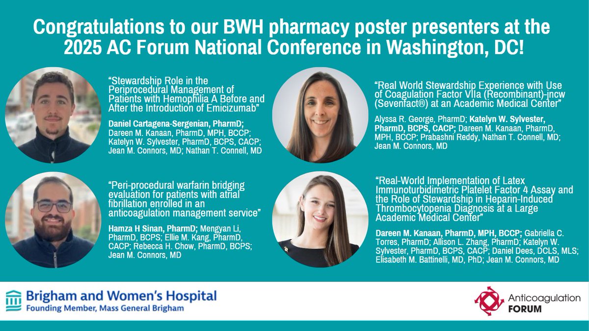 Brigham and Women’s (BWH) Pharmacy Department (@brighampharmacy) on Twitter photo Super excited to showcase our BWH pharmacy presenters (and PGY2 thrombosis & hemostasis pharmacy residency team) at the <a href="/AnticoagForum/">Anticoagulation Forum</a> conference this past weekend! #TwitteRx #PharmRes 🩸📊 <a href="/DareenKanaan/">Dareen</a> <a href="/KatelynSylvest4/">Katelyn Sylvester</a> Super excited to showcase our BWH pharmacy presenters (and PGY2 thrombosis & hemostasis pharmacy residency team) at the <a href="/AnticoagForum/">Anticoagulation Forum</a> conference this past weekend! #TwitteRx #PharmRes 🩸📊 <a href="/DareenKanaan/">Dareen</a> <a href="/KatelynSylvest4/">Katelyn Sylvester</a>