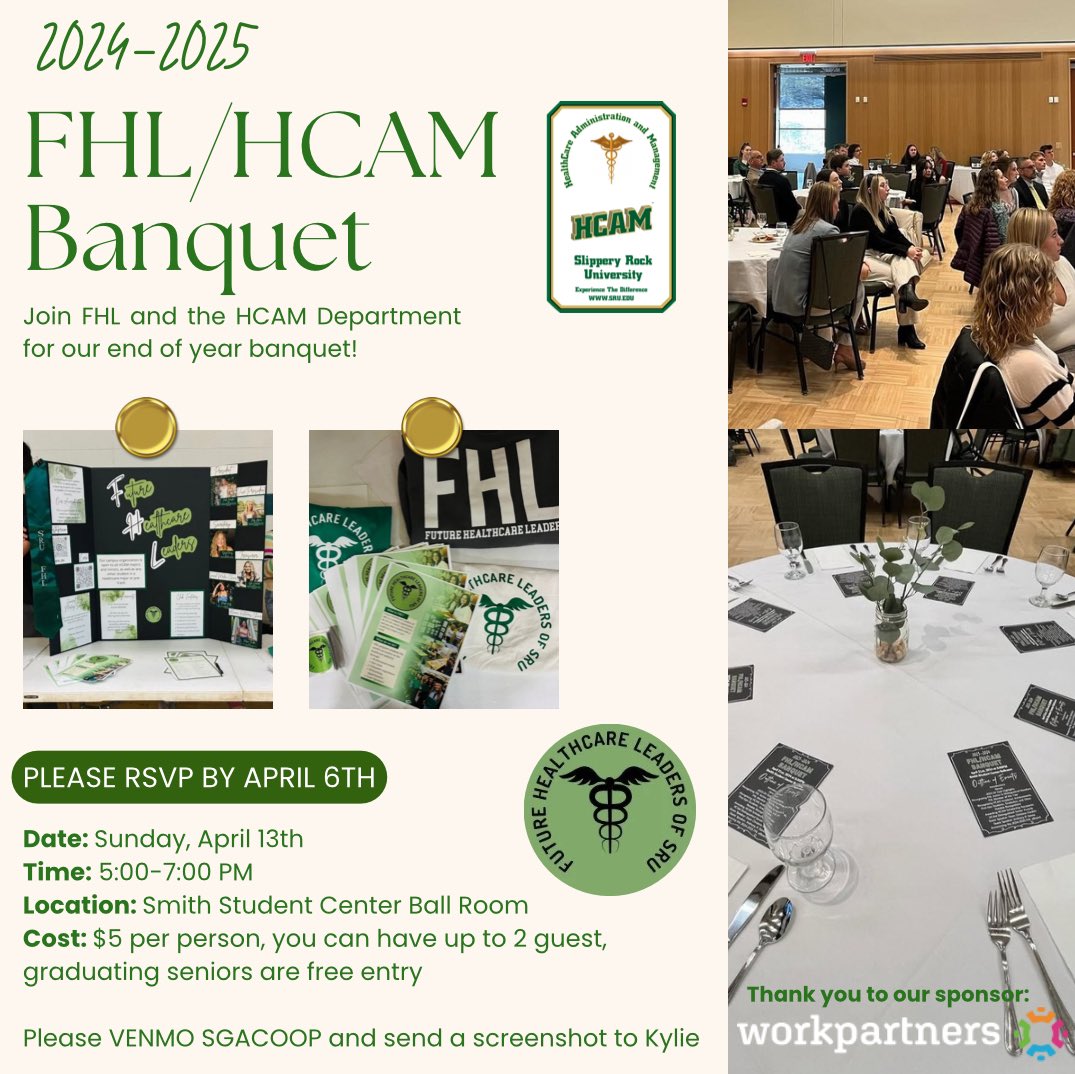 FHL_SRU's tweet photo. The FHL/ HCAM Banquet will be taking place on Sunday, April 13th! If you are planning to attend, please RSVP on CORE by April 6th. 

Each person is allowed up to 2 quests. The entry fee is $5 per person, and graduating seniors can enter for free! https://t.co/PLD4obDNtX