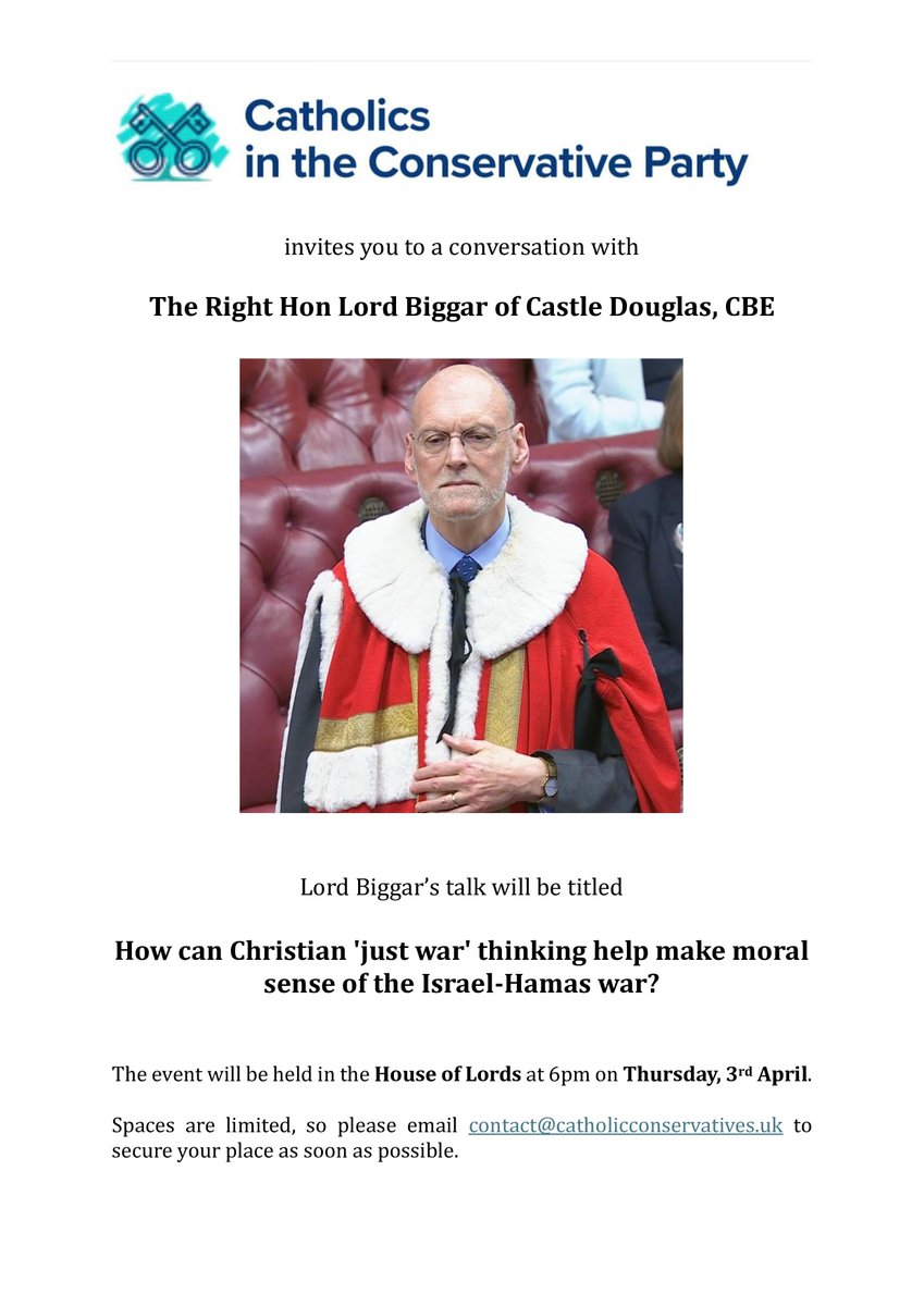 Catholics in the Conservative Party (@catholictories) on Twitter photo Catholics in the Conservative Party invites you to a conversation with the Rt. Hon. Lord Biggar of Castle Douglas (<a href="/NigelBiggar/">nigel biggar</a>) on the 3rd of April in the House of Lords.
See image below. Catholics in the Conservative Party invites you to a conversation with the Rt. Hon. Lord Biggar of Castle Douglas (<a href="/NigelBiggar/">nigel biggar</a>) on the 3rd of April in the House of Lords.
See image below.