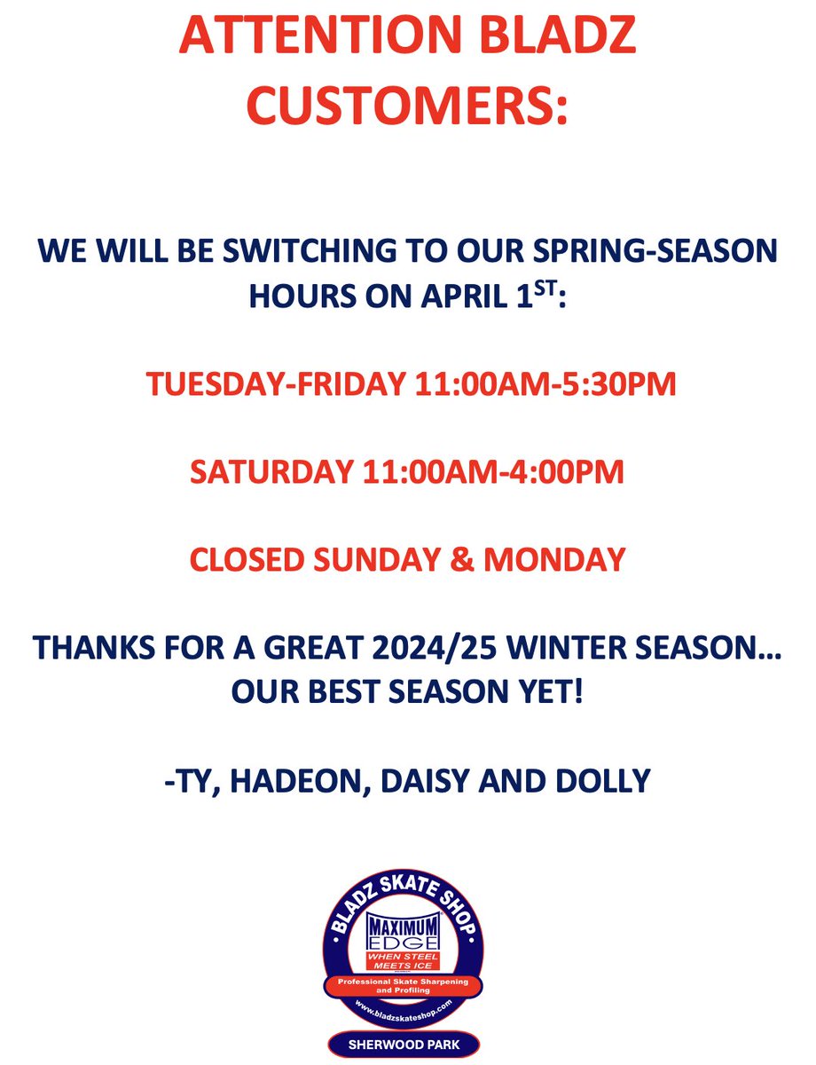 With the Winter-Season winding down, we will be moving to our Spring-Season hours Starting April 1st! Still 5 days a week, and still open after 5:00pm. Thanks for an Amazing 2024/25 season! We will be ready to give you an edge on your competition during the Spring ID skates👍👍