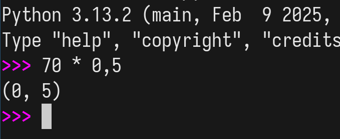 tsoding's tweet image. Python is really weird. When I try to multiply 70 by a half it gives me a weird tuple...