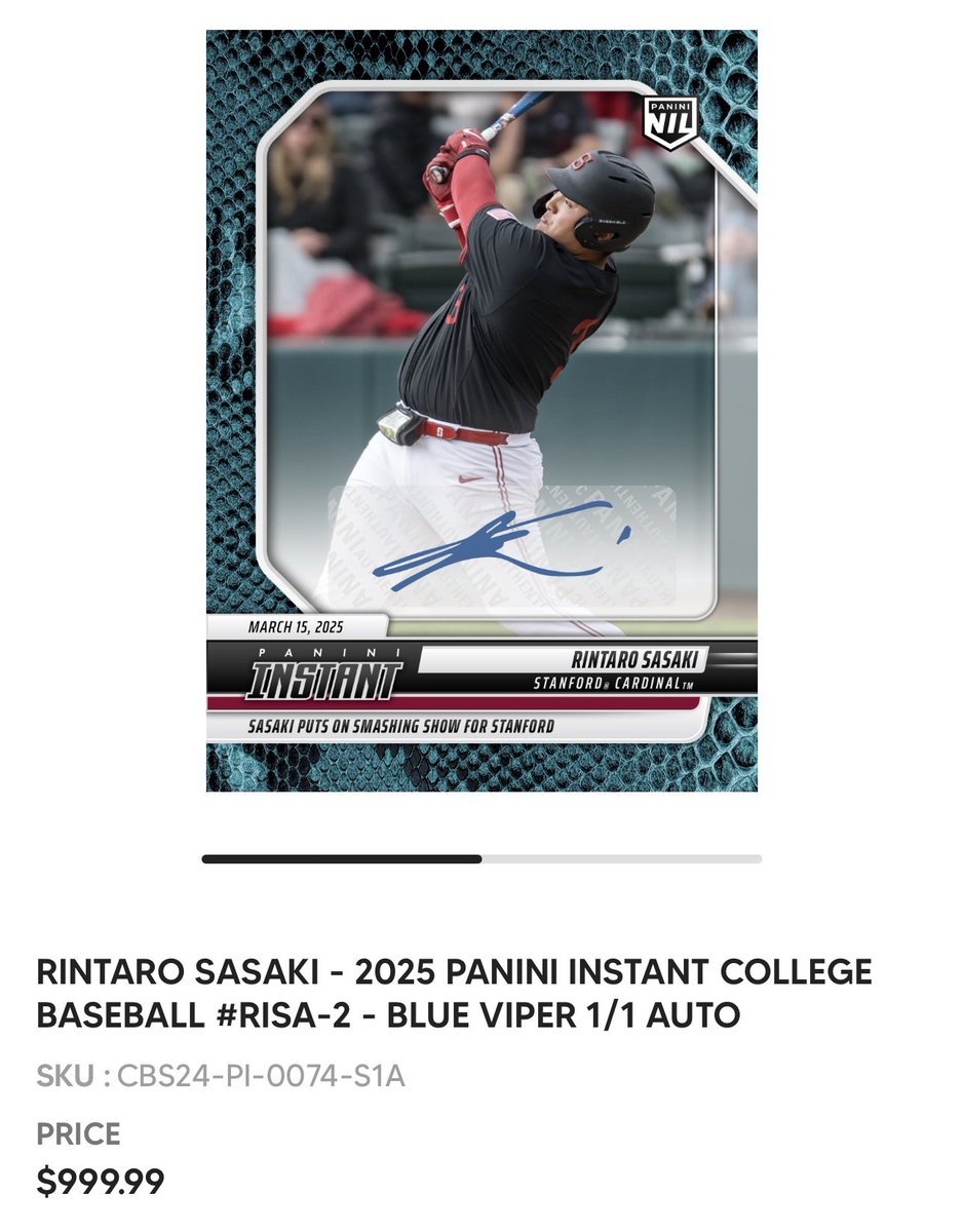佐々木麟太郎の初ホームラン記念カードがPaniniインスタントで販売中です。 1/1も999ドルで発売中ですが、1/1でも大学ものと考えるとお高めですかね(^◇^;)  99シリを購入しました。