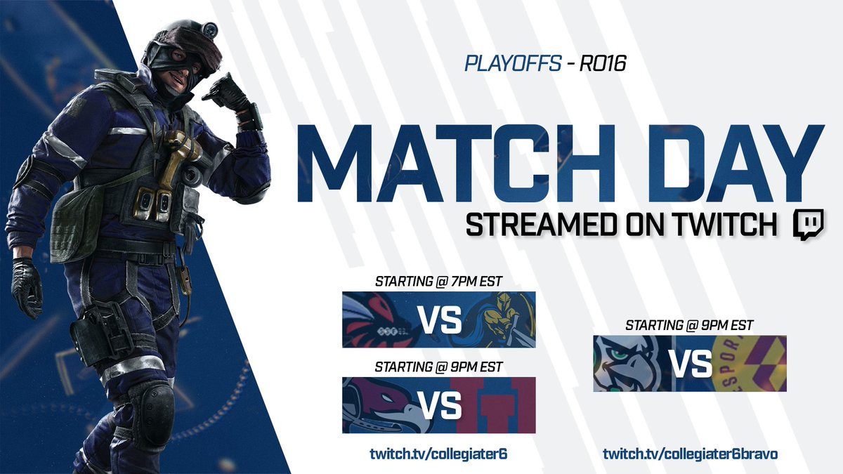 CollegiateR6 (@collegiater6) on Twitter photo 🚨PLAYOFF MATCHES - RO16🚨
In our next round of playoffs, we have some fun match-ups for our streams tonight!💪
Starting at 7PM EST on our A stream is <a href="/seneca_esports/">Seneca Esports</a> vs <a href="/SJSU_Esports/">SJSU Esports</a> , before rolling right into our next match-up: <a href="/CUeSports21/">Cumberland University Esports</a> vs <a href="/UUtah_Esports/">Utah Esports</a> !
Being 🚨PLAYOFF MATCHES - RO16🚨
In our next round of playoffs, we have some fun match-ups for our streams tonight!💪
Starting at 7PM EST on our A stream is <a href="/seneca_esports/">Seneca Esports</a> vs <a href="/SJSU_Esports/">SJSU Esports</a> , before rolling right into our next match-up: <a href="/CUeSports21/">Cumberland University Esports</a> vs <a href="/UUtah_Esports/">Utah Esports</a> !
Being