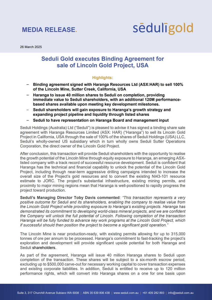 Seduli has signed a binding agreement with <a href="/HAR_Haranga/">Haranga Resources</a> (#ASX: $HAR) to sell 100% of the Lincoln #Gold Project in California. This will enable Seduli to realise value from the Lincoln Project while providing exposure to Haranga’s existing projects. 
mcusercontent.com/6482b9ca14263e…