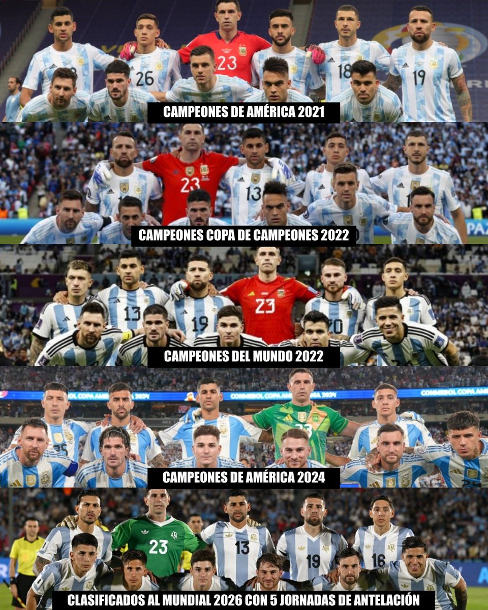 Campeones de América en 2021. Campeones de la Copa de Campeones en 2022. Campeones del mundo en 2022. Campeones de América en 2024. Y son los primeros en clasificarse al Mundial 2026 en las eliminatorias sudamericanas (lo lograron con 5 jornadas de antelación. Estamos ante LA