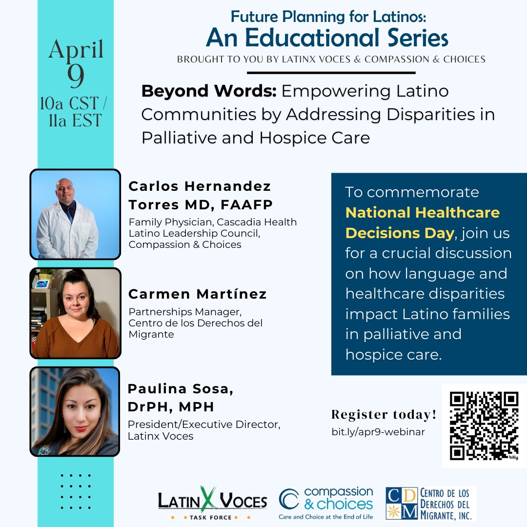 Latinx Voces (@ltxvoces) on Twitter photo 🗓️ April 9 | 10 AM CST
It’s more than translation. It’s transformation.
Join us to discuss language and compassionate care in our webinar:
Beyond Words
Register here: 🎟️ bit.ly/apr9-webinar
w/ @LTXVoces <a href="/CompAndChoices/">Compassion & Choices</a> <a href="/CDMigrante/">Centro de los Derechos del Migrante</a>
#BeyondWords2025 #LanguageEquity 🗓️ April 9 | 10 AM CST
It’s more than translation. It’s transformation.
Join us to discuss language and compassionate care in our webinar:
Beyond Words
Register here: 🎟️ bit.ly/apr9-webinar
w/ @LTXVoces <a href="/CompAndChoices/">Compassion & Choices</a> <a href="/CDMigrante/">Centro de los Derechos del Migrante</a>
#BeyondWords2025 #LanguageEquity