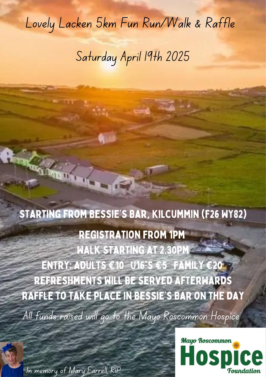 Sarah Farrell (@sarahf458) on Twitter photo Please support our fundraiser for <a href="/MayoRoscHospice/">Mayo/Rosc Hospice</a> in memory of mum 😇 the Lovely Lacken 5km Fun Run/Walk & Raffle is on Sat. 19th April from Bessie’s Bar, Kilcummin, Co.Mayo. Last year we raised over €13,000 & we hope this years one will be just as successful 🙌🏻 please share 🏃♀️ Please support our fundraiser for <a href="/MayoRoscHospice/">Mayo/Rosc Hospice</a> in memory of mum 😇 the Lovely Lacken 5km Fun Run/Walk & Raffle is on Sat. 19th April from Bessie’s Bar, Kilcummin, Co.Mayo. Last year we raised over €13,000 & we hope this years one will be just as successful 🙌🏻 please share 🏃♀️