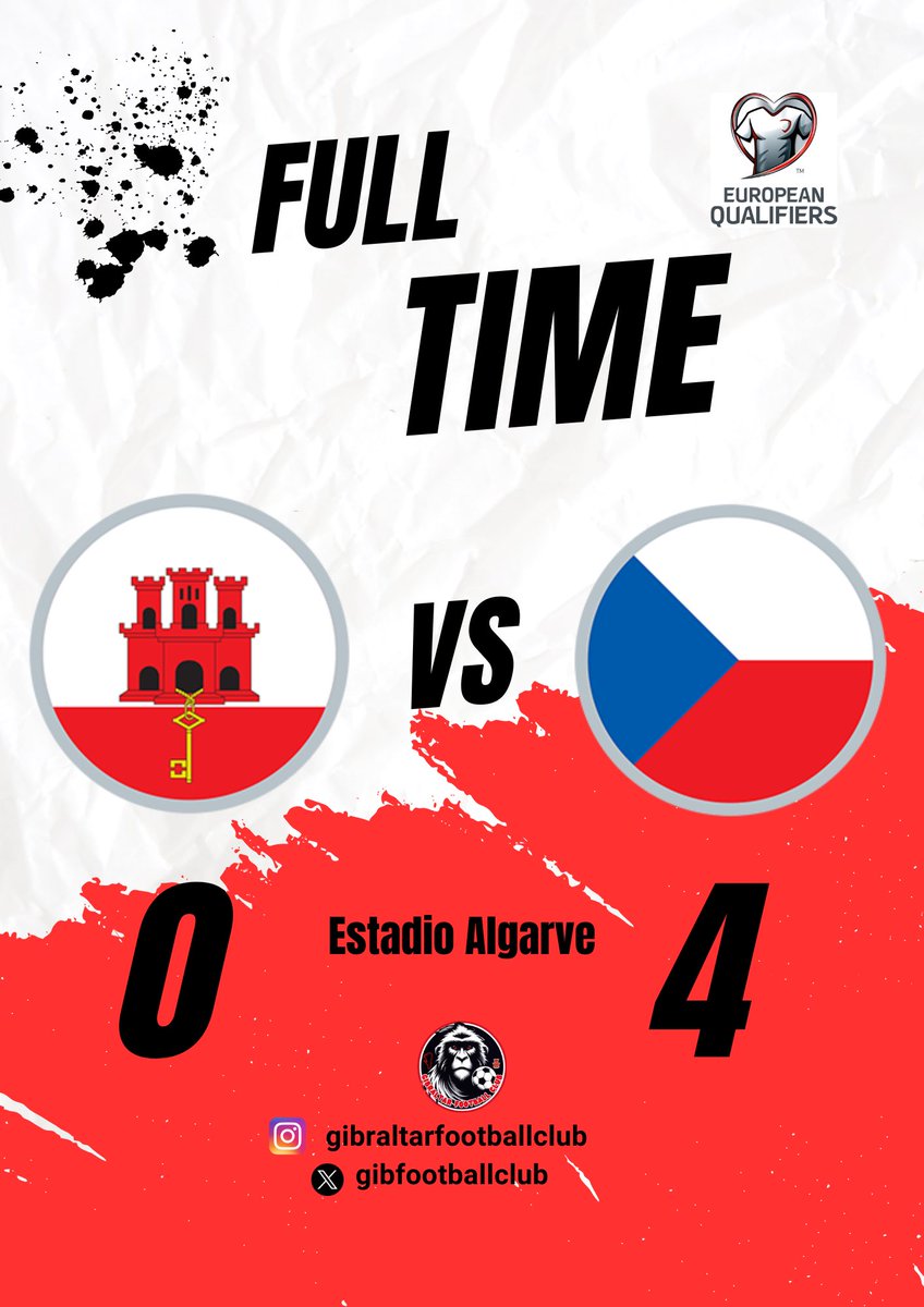 ❌ FULL-TIME | Another step forward for Gibraltar, but victory for Czechia on the night.

Next rival Croatia. 🇭🇷

#gibraltarvsczechia #estadioalgarve #europeanqualifiers #gibraltar🇬🇮