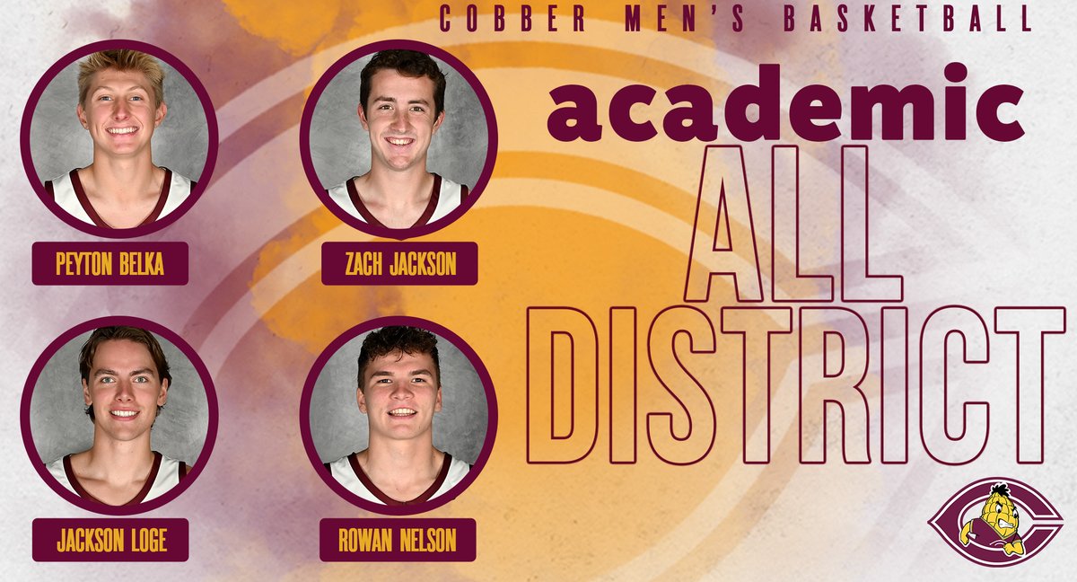 𝗔𝗖𝗔𝗗𝗘𝗠𝗜𝗖 𝗔𝗟𝗟-𝗗𝗜𝗦𝗧𝗥𝗜𝗖𝗧!
CORNGRATS to Cobber men's basketball players Peyton Belka, Zach Jackson, Jackson Loge &amp; Rowan Nelson, who were all named to the CSC Academic All-District Team!   

𝗗𝗘𝗧𝗔𝗜𝗟𝗦: tinyurl.com/22emz3b9