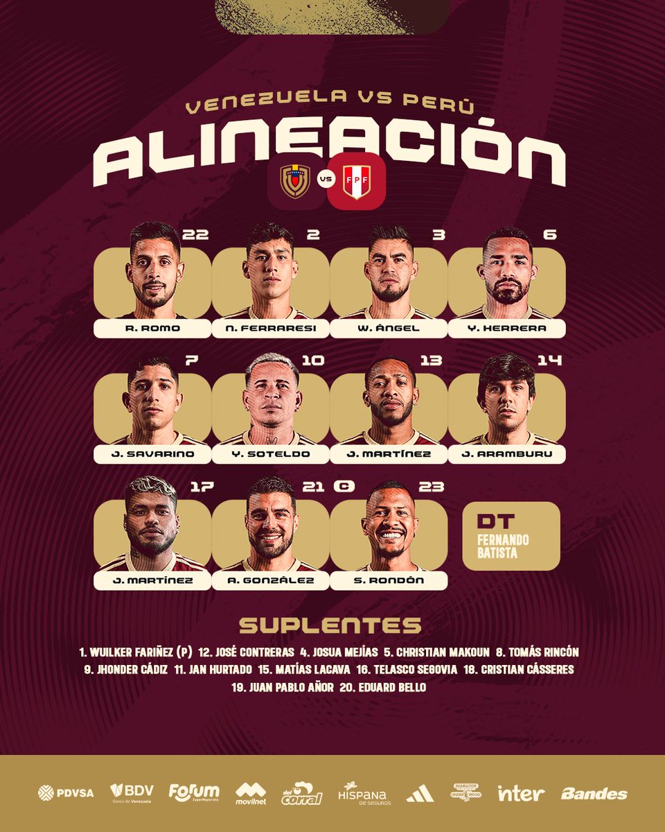 𝐗𝐈 𝐕𝐈𝐍𝐎𝐓𝐈𝐍𝐓𝐎 🇻🇪

Los elegidos para enfrentar a a Perú en nuestra casa.

#SiempreVinotinto