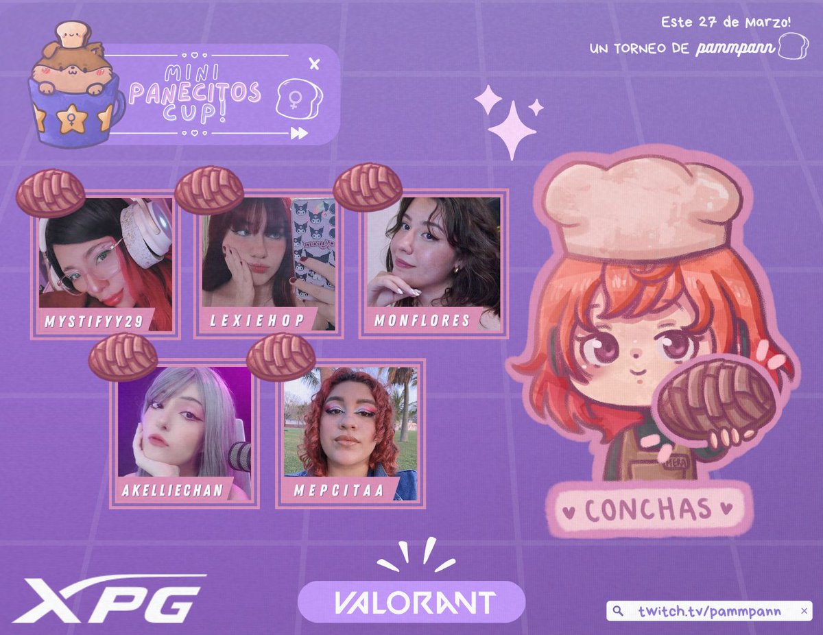 pammpann's tweet image. Y con ustedes el primer equipo de la Mini Panecitos Cup x XPG 🍞💜! 
✦ Conchas de chocolate ✦: @Mystifyy29 @lexiehop @MonFloress_ @AkellieChan @mepcitaa !!! Apoyalas este jueves, 27 de Marzo, por mi canal a las 6:00 pm hr cdmx⋆˙⟡