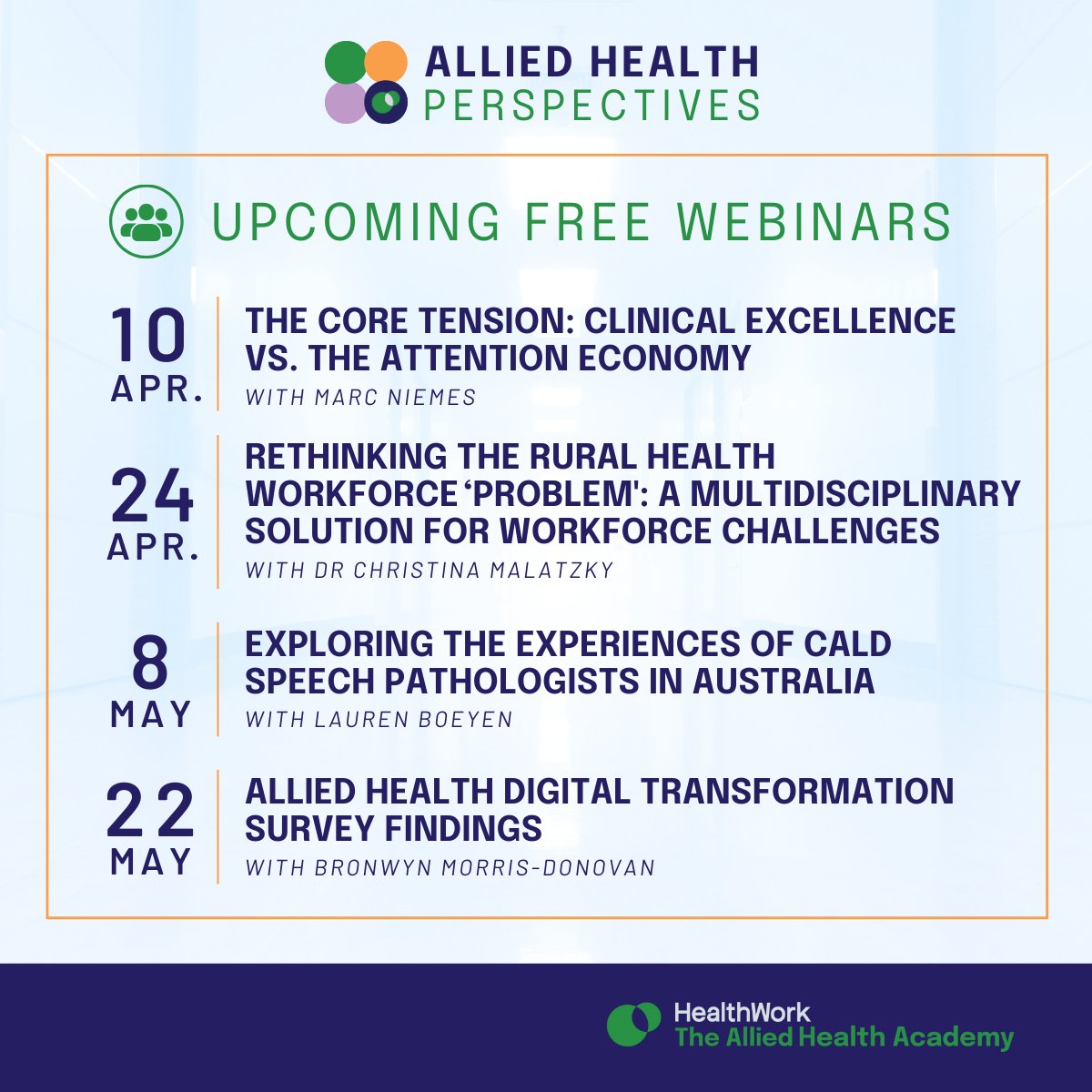 🧑‍🤝‍🧑 Join our upcoming Allied Health Perspectives events - free webinars hosted on The Allied Health Academy, every second Thursday from 1:00 - 1:30pm AEST. 

🌐 RSVP here: loom.ly/y0MLq3o

#TheAlliedHealthAcademy #AlliedHealth #FreeWebinar #WorkforceChallenges
