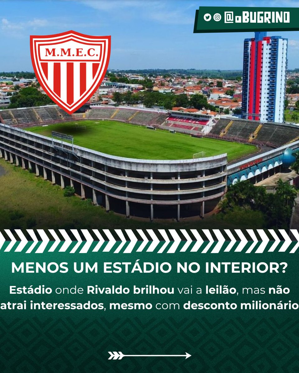 0bugrino's tweet image. O Estádio Vail Chaves, onde Rivaldo fez história, foi a leilão com "desconto" de R$ 31 milhões devido a uma dívida trabalhista, mas não atraiu ofertas. O Mogi Mirim segue em crise e tenta reverter a penhora judicial. #MogiMirim #VailChaves #Rivaldo #Futebol