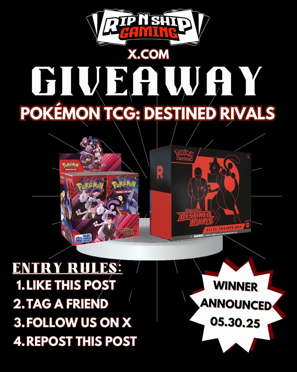 RipnShip's tweet image. Giveaway Alert🚨 Enter for a chance to win the NEW Pokemon TCG Destined Rivals Elite Trainer & Booster Box! The winner will be chosen on 5.30.25 🙌🏼 Good luck!