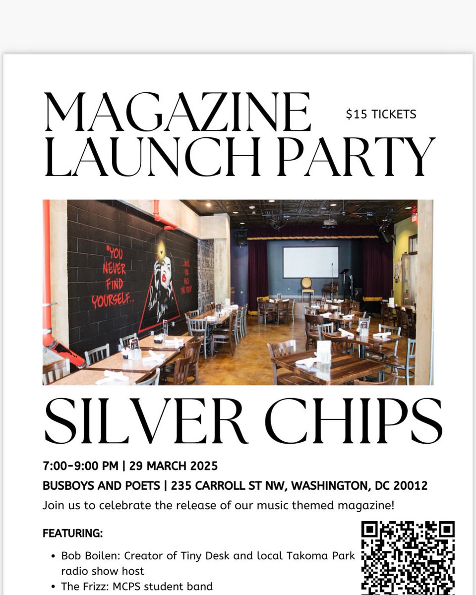 jeremy stelzner (@jeremystelzner) on Twitter photo If youβll be in Takoma Park on Saturday and want to support student journalism consider stopping by Busboys for the Silver Chips 2025 magazine launch! This yearβs includes a panel discussion featuring Bob Boilen- tickets available through the QR code. If youβll be in Takoma Park on Saturday and want to support student journalism consider stopping by Busboys for the Silver Chips 2025 magazine launch! This yearβs includes a panel discussion featuring Bob Boilen- tickets available through the QR code.