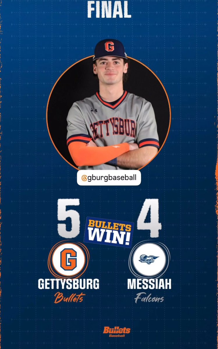 Gettysburg Baseball (@gburgbase) on Twitter photo #15 BULLETS (20-1) WIN in Extras!
Gettysburg 5 | Messiah 4 - FINAL 11 innings
CF Will Stellato scores the game winning run and leads the offense with 2 H, 2 2B, 1 R, 1 RBI, and 1 SB!
<a href="/gburgbullets/">Gettysburg College Athletics</a> | <a href="/gettysburg/">Gettysburg College</a> #15 BULLETS (20-1) WIN in Extras!
Gettysburg 5 | Messiah 4 - FINAL 11 innings
CF Will Stellato scores the game winning run and leads the offense with 2 H, 2 2B, 1 R, 1 RBI, and 1 SB!
<a href="/gburgbullets/">Gettysburg College Athletics</a> | <a href="/gettysburg/">Gettysburg College</a>