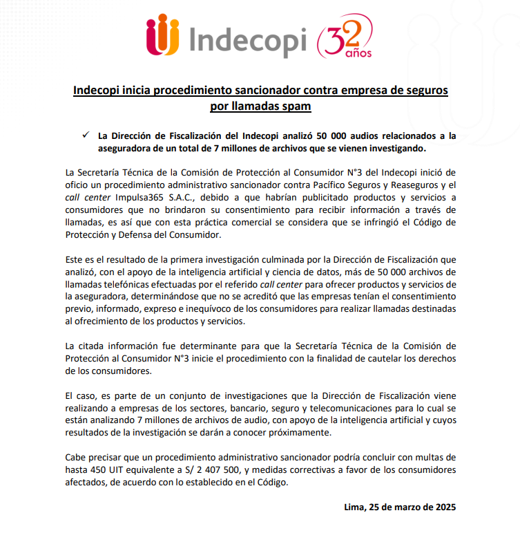 paolobenza's tweet photo. #Último Indecopi le abre un procedimiento sancionar a la aseguradora Pacífico y al call center Impulsa365 (qué nombrecito) por sus llamadas spam. Se analizaron 50,000 archivos de audio. No se acreditó consentimiento.

Acá somos partidarios que no haya una sola llamada spam. https://t.co/GIafVys1n6