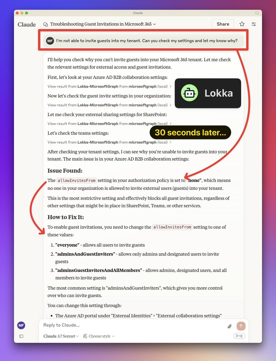 🤯 AI just helped fix a Microsoft 365 config in SECONDS!

Couldn't invite guests. Asked AI why.

30 seconds later 
🤖 AI: "Here's the problem... and the fix..."

Saved me half an hour of clicking through portals.

Tech support will never be the same.

lokka.dev