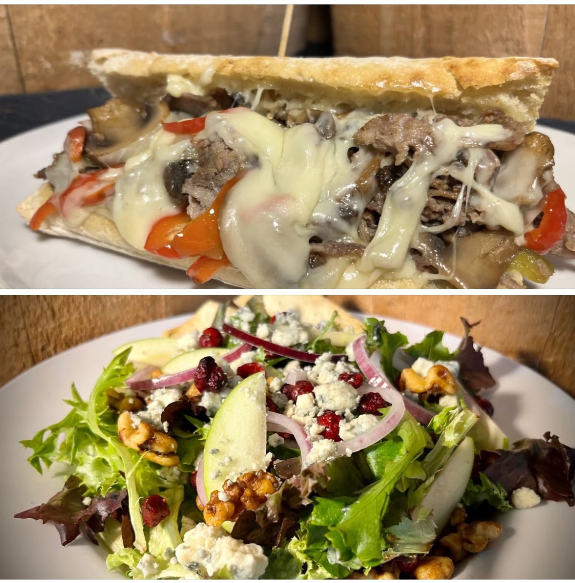 Tuesday’s Mug Club Plate Features:
🔥 Philly Cheesesteak on a French baguette.
🍏 Apple Walnut Salad w/ Granny Smiths, red onion, candied walnuts, blue cheese &amp; balsamic vinaigrette.