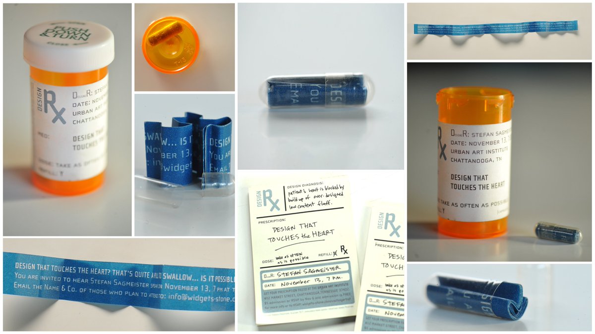 In 2000 we hosted Stefan Sagmeister to give his talk “Can Design Touch a Heart?” We designed invitations in two parts: First, a doctor’s prescription pad was sent out. Two weeks later a medicine bottle with a capsule in it was sent. A 14 inch invitation was rolled up inside.