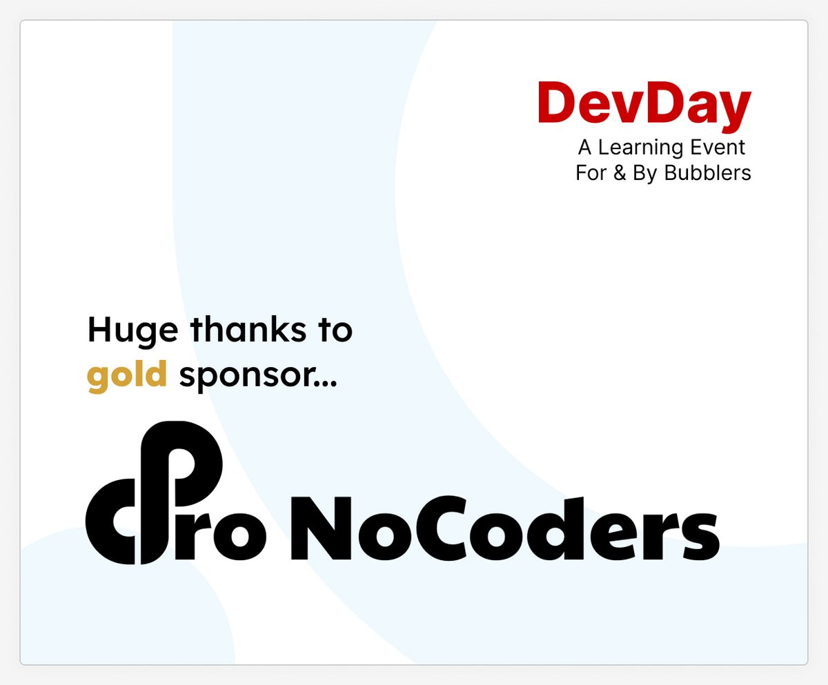 ClausISaidSo's tweet image. 4 hours into #DevDay, and I am even more in love with the @bubble community. Just a whole bunch of givers, this group.

I'm especially grateful for 💙@ProNoCoders💙 for hosting a MARATHON technical office hours session the ENTIRE day. (And also for being our headline sponsor!)
