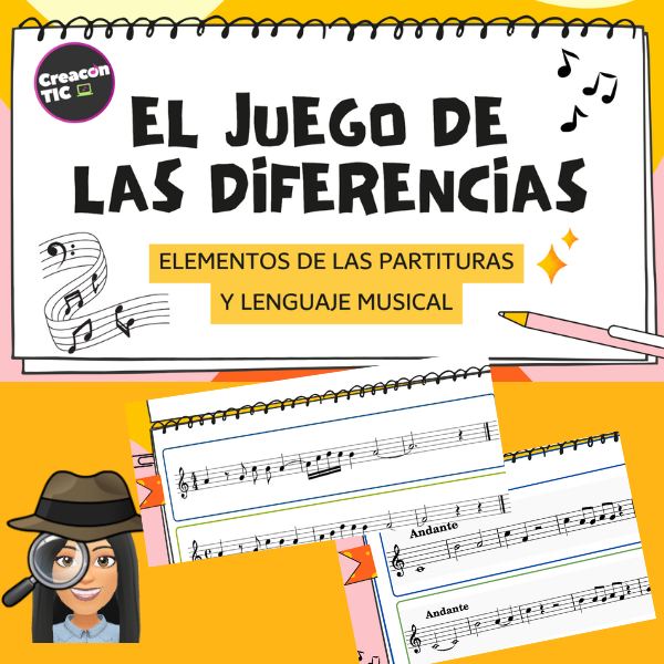 "Encuentra las diferencias" Es un conocido juego de percepción visual que pone a prueba nuestras habilidades de observación. Vamos a aprovechar la dinámica de este juego para repasar los elementos de las partituras y conceptos de Lenguaje Musical mariajesusmusica.gumroad.com/l/ltvwhc?layou…