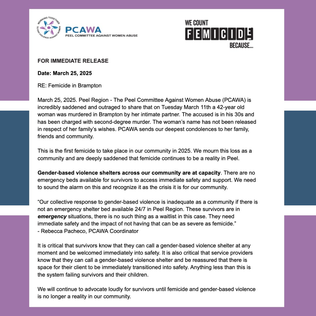 PCAWA is outraged and deeply saddened to share that on Tuesday March 11th a 42-year old woman was murdered in Brampton by her intimate partner.

We send our deepest condolences to her family, friends and community.

Review our press release to learn more.
pcawa.net/media--press-r…